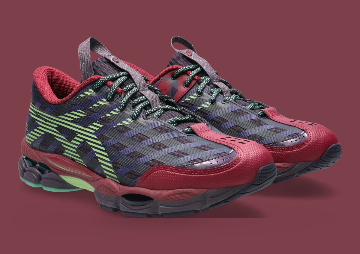 Front three-quarter pair, navy and burgundy with mint laces and lime stripes, x Kiko Kostadinov