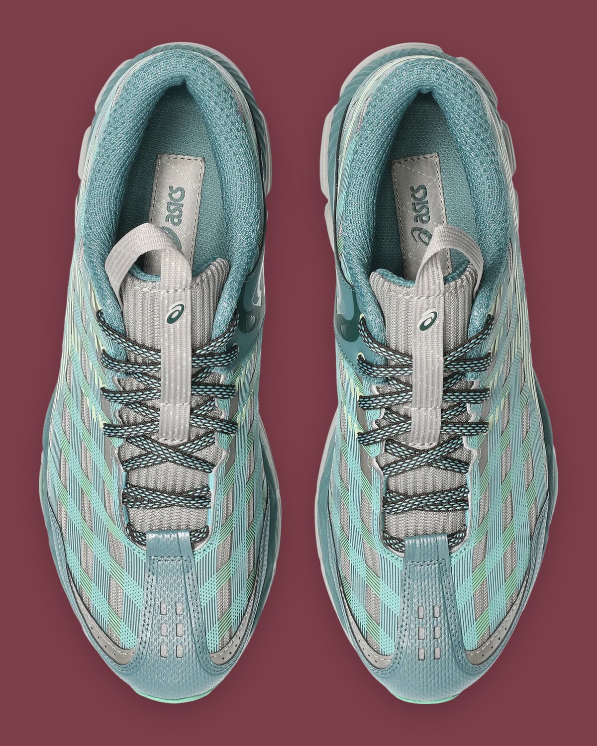 Top-down pair, teal and grey plaid upper, grey pull loops and dark laces, x Kiko Kostadinov