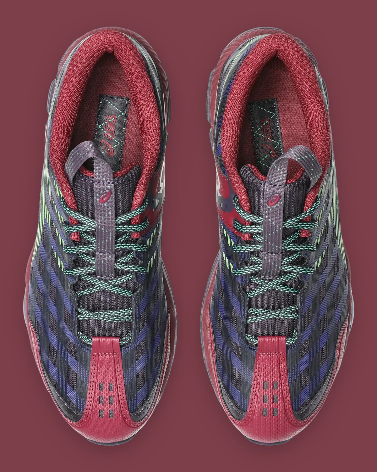 Top-down pair, navy plaid upper, burgundy toe caps, mint laces and asics insole logo, x Kiko Kostadinov