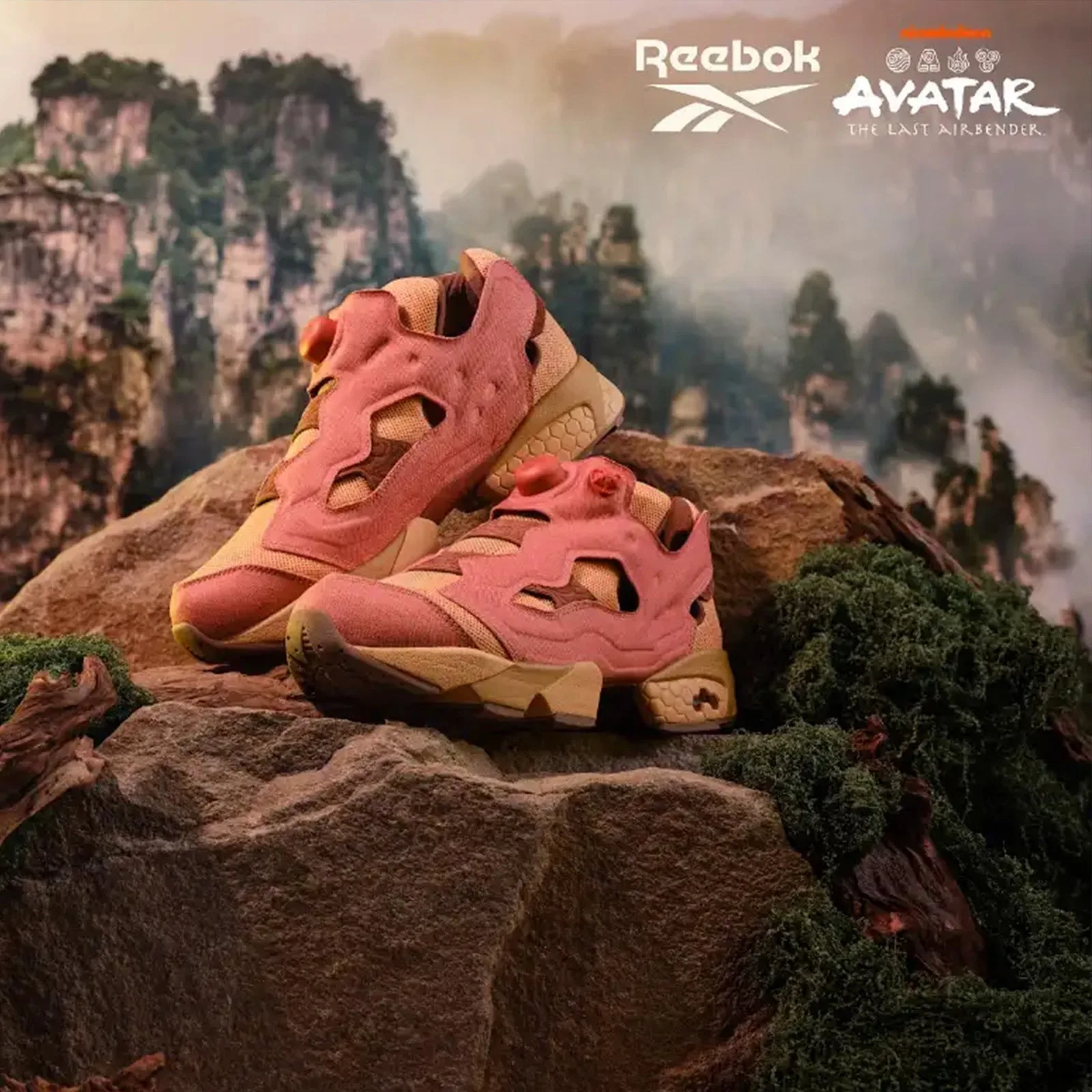 Pair on mossy rocks before misty cliffs, Reebok and Avatar logos at top, Aang