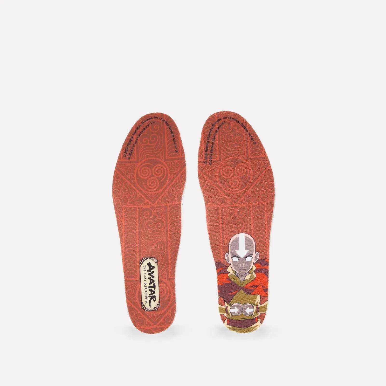 Pair of insoles, red spiral pattern, Avatar The Last Airbender logo, cartoon character, Aang