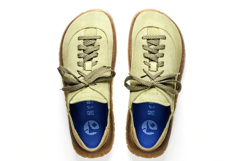 Top-down pair of pale green suede lace-ups with olive woven laces and blue insoles, Birkenstock 1774 Uerzell