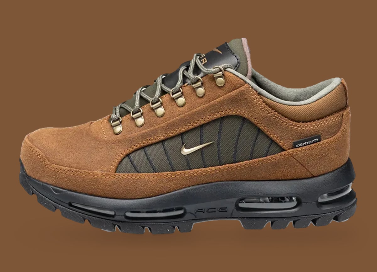 Lateral view of tan suede shoe with olive ribbed panel, brass eyelets and black ACG sole, Light British Tan