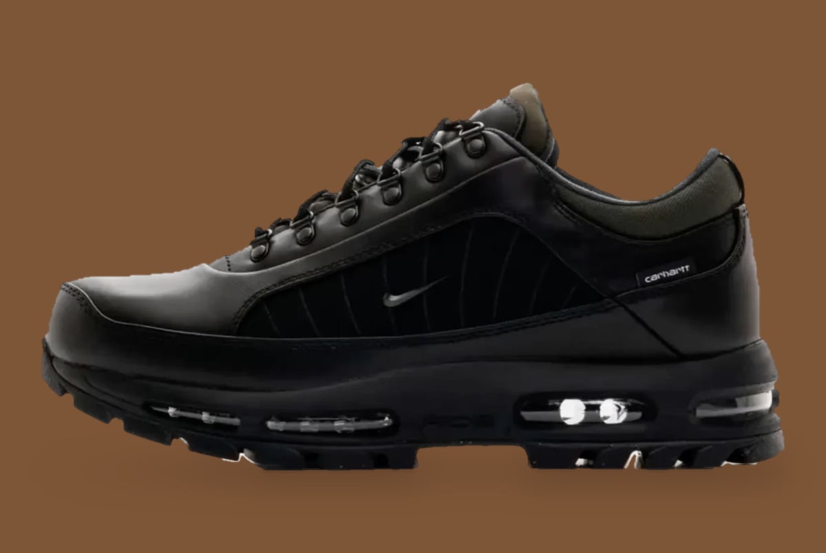 Lateral view of all-black leather shoe with tonal swoosh, Carhartt tag and visible air unit, Light British Tan