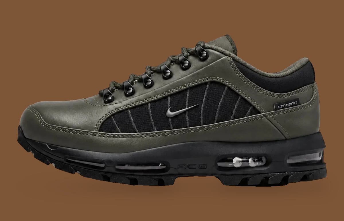 Lateral view of olive leather shoe with black ribbed panel, black eyelets and lugged sole, Light British Tan