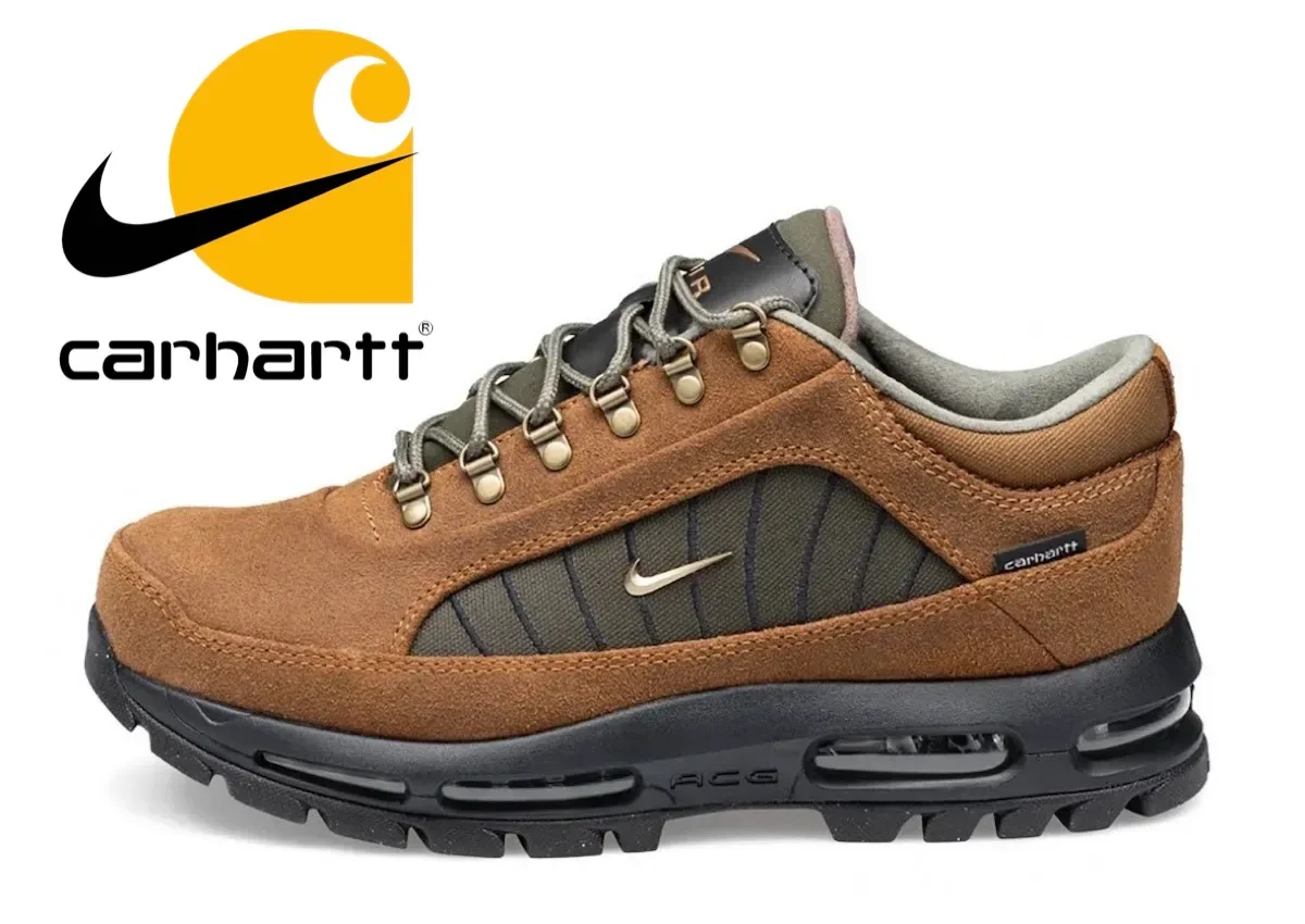 Lateral view of tan suede shoe with olive panel, beside Nike swoosh and Carhartt logos, Light British Tan