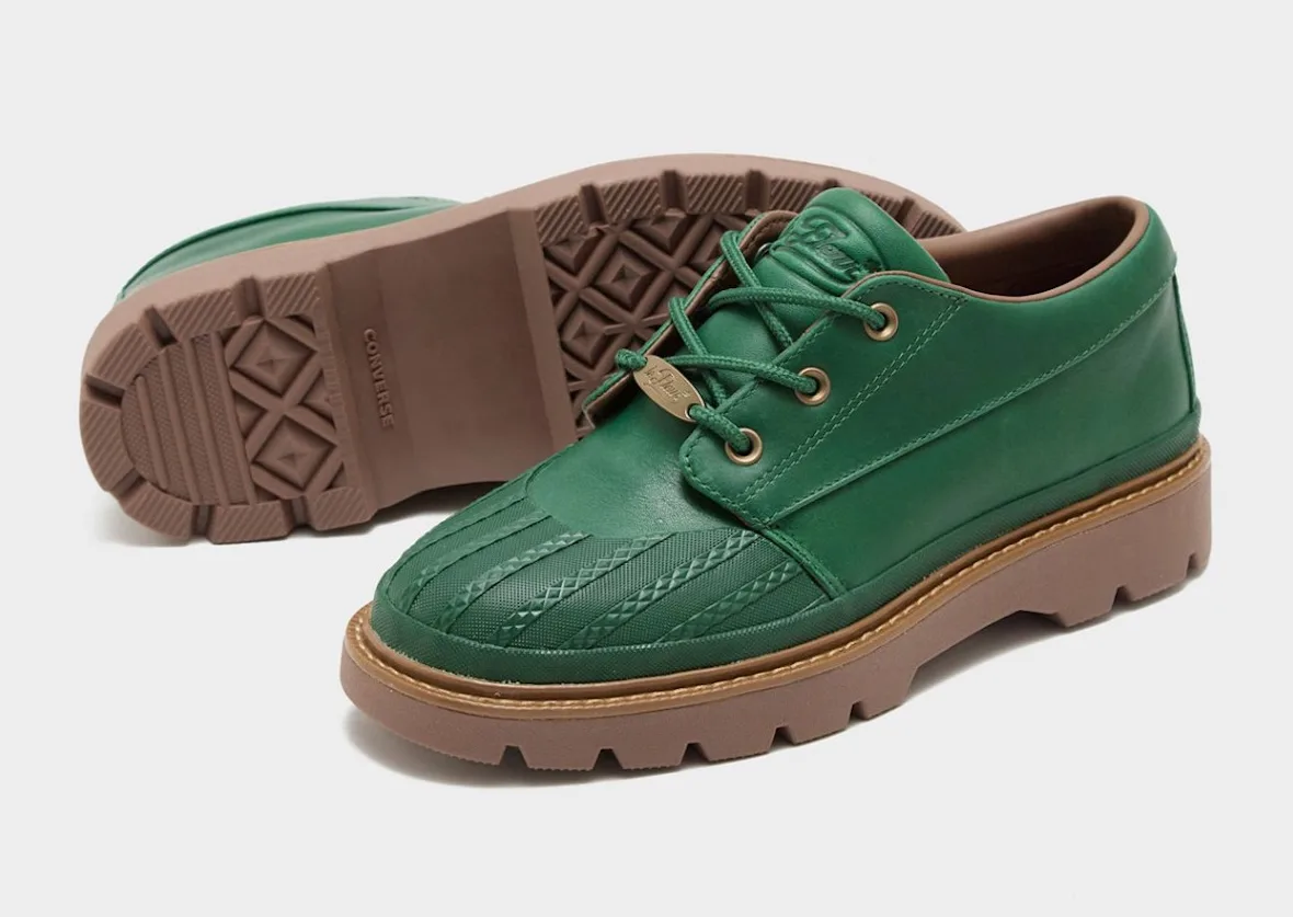 Green leather pair with outsole shown, diamond tread, Converse text, brass eyelets, Bronco Boot Low