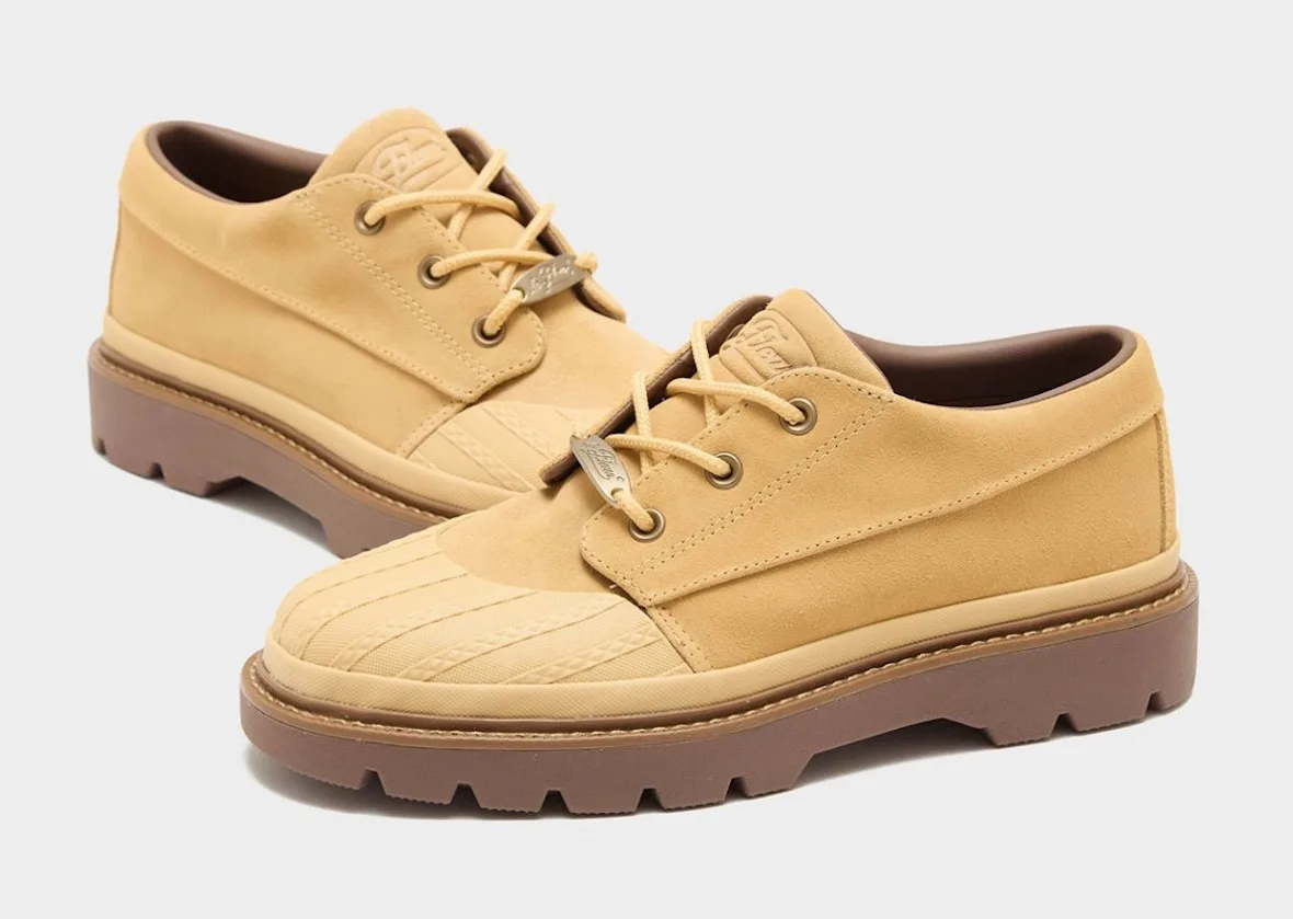 Pair in tan suede with gum soles, ribbed toe cap and gold lace tag, Bronco Boot Low