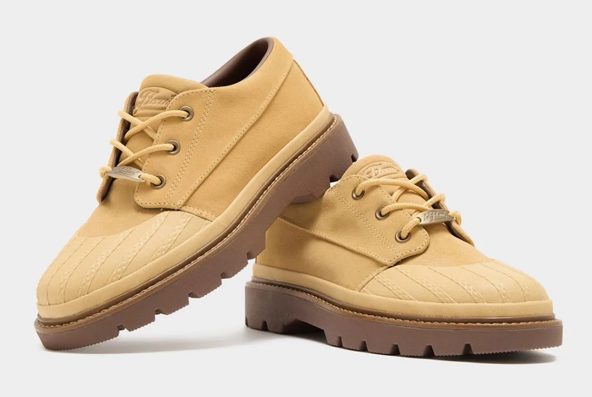Tan suede pair stacked, ribbed toe caps, brown lugged soles, gold lace tag, Bronco Boot Low