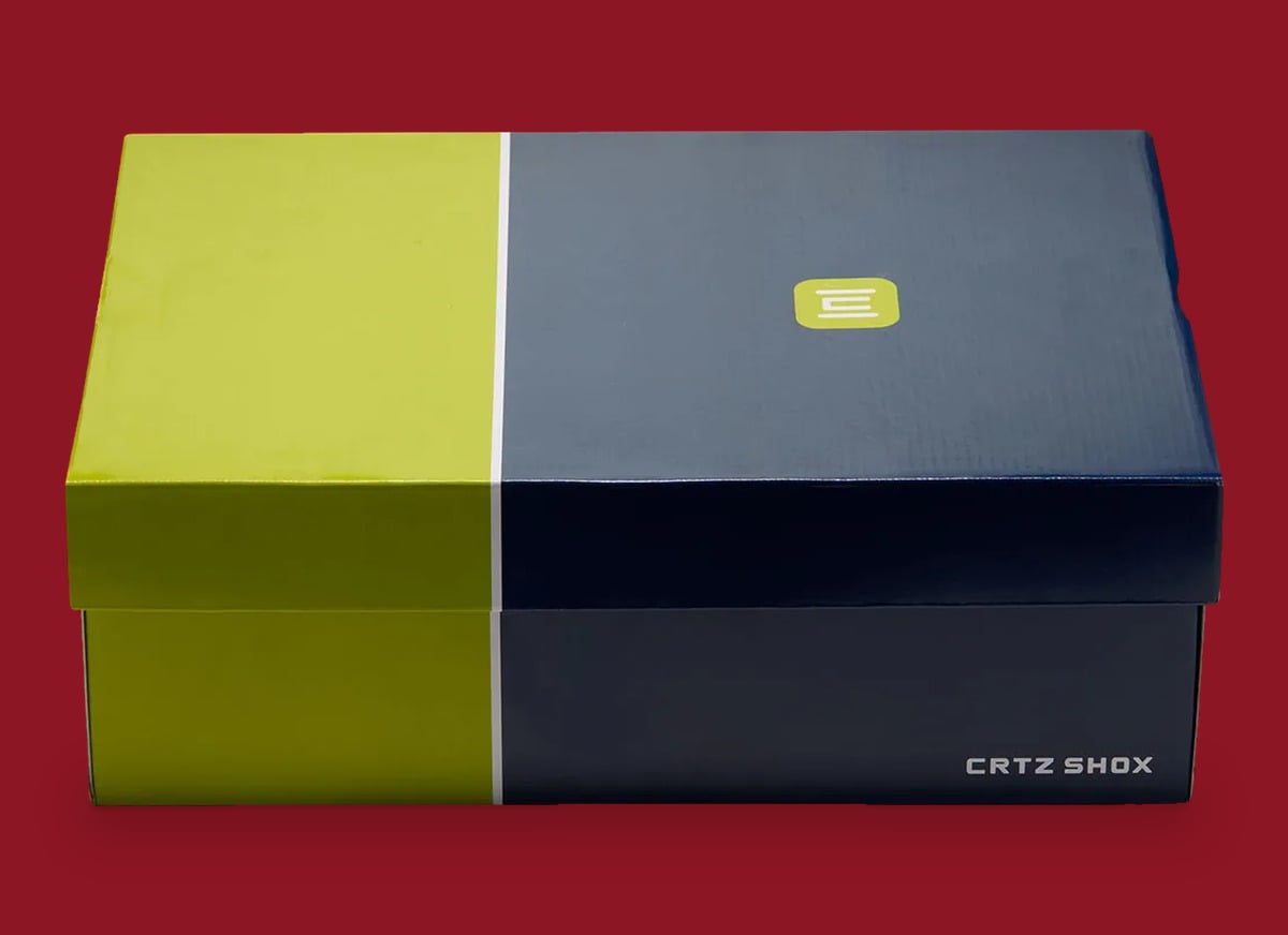 Packaging: closed box with lime green and navy halves, lime logo on lid, CRTZ SHOX text, Game Royal