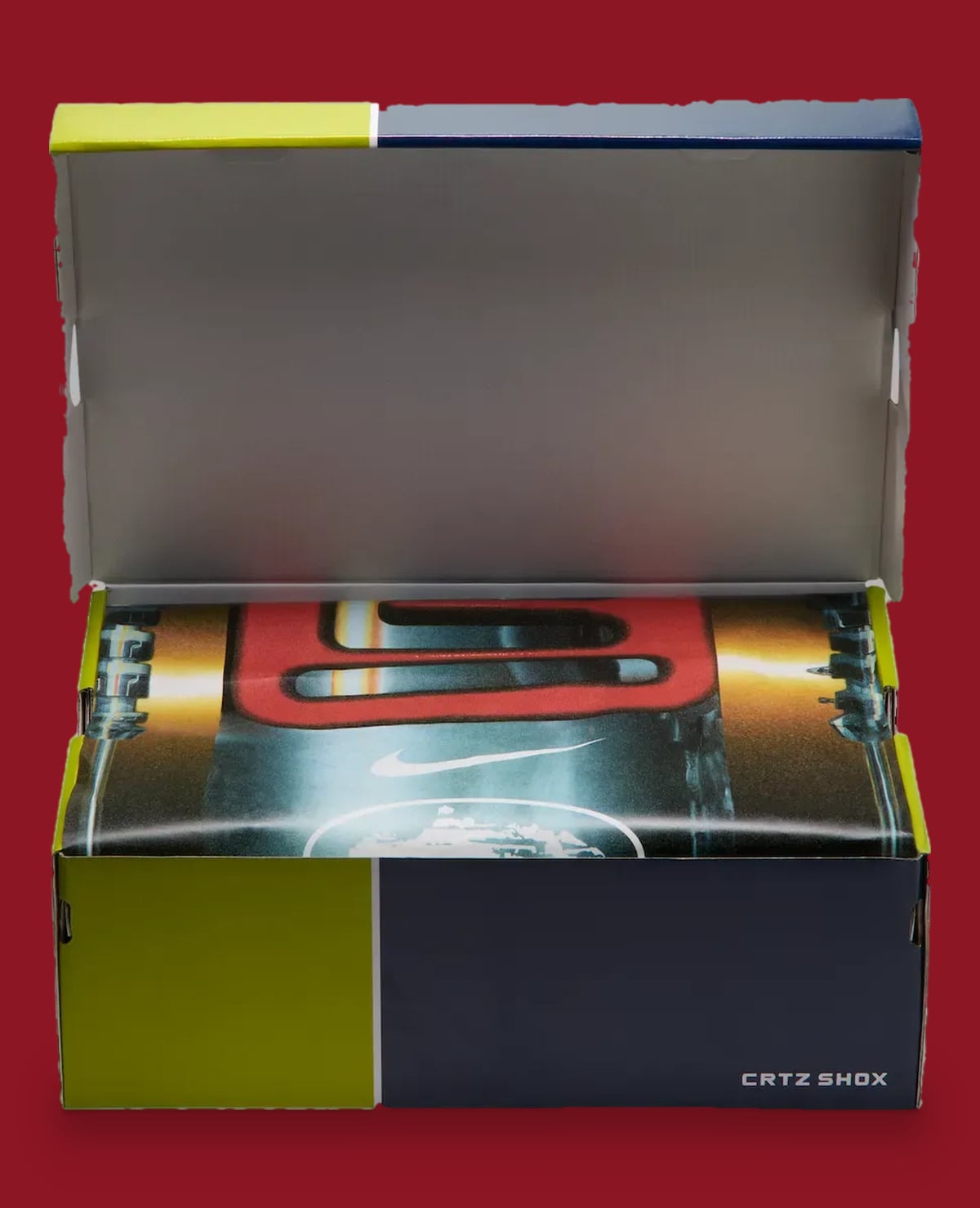 Packaging: open shoebox with lime and navy panels, printed tissue with red logo, CRTZ SHOX text, Game Royal