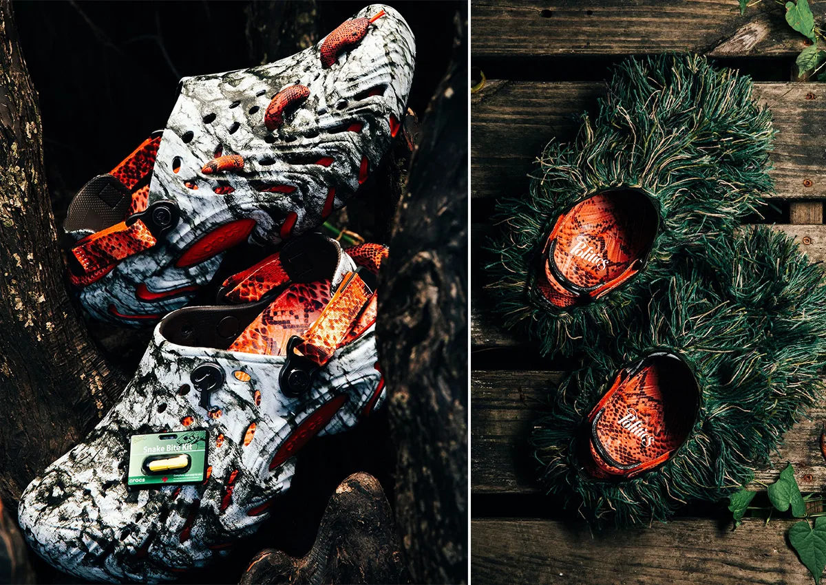 Pair on tree roots, marbled clogs with orange snakeskin lining and Snake Bite Kit charm, beside shaggy green pair, Watch