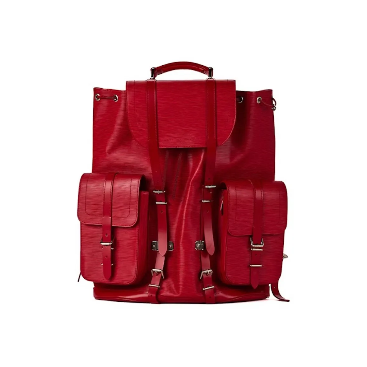 Front view of red grained leather backpack with two buckled side pockets and top handle, StockX LISTED Collection
