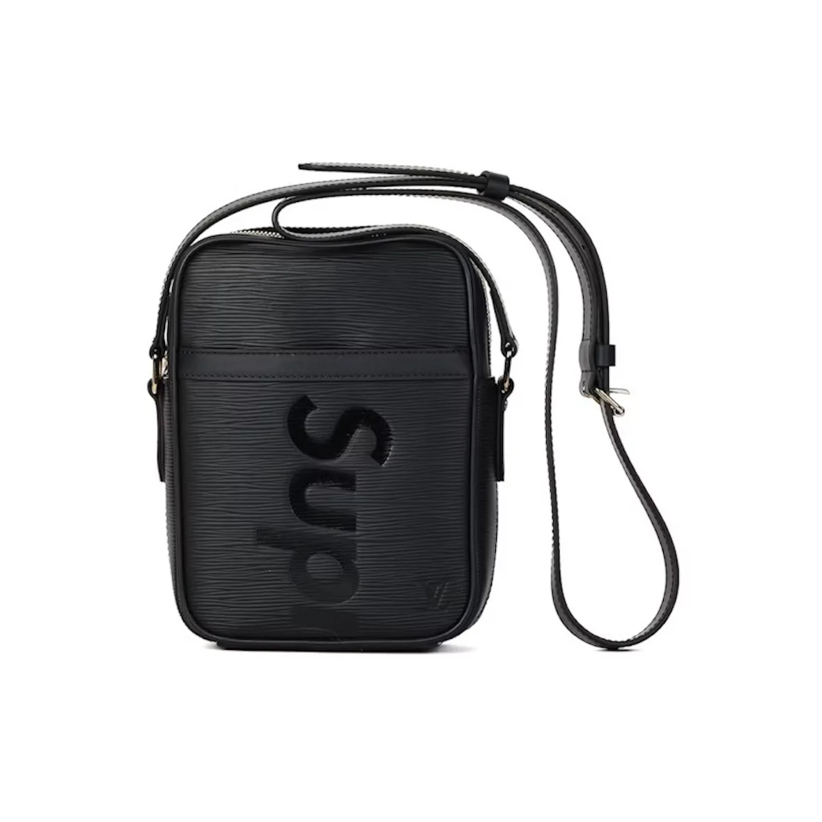 Front view of black textured leather crossbody bag with partly visible Supreme lettering, StockX LISTED Collection