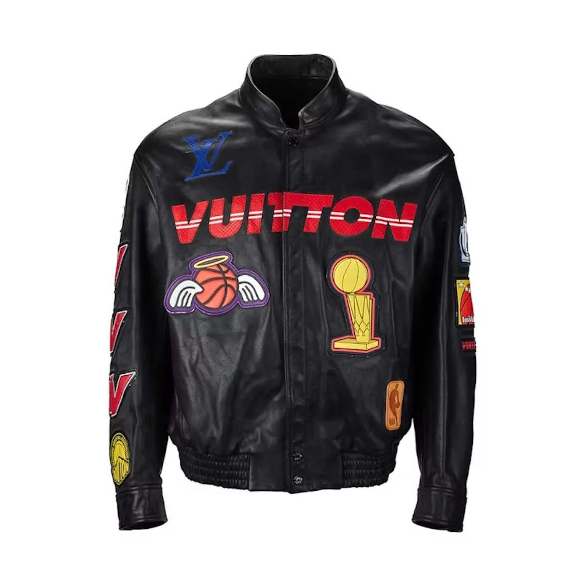 Front view of black leather jacket with VUITTON text and colourful basketball patches, StockX LISTED Collection