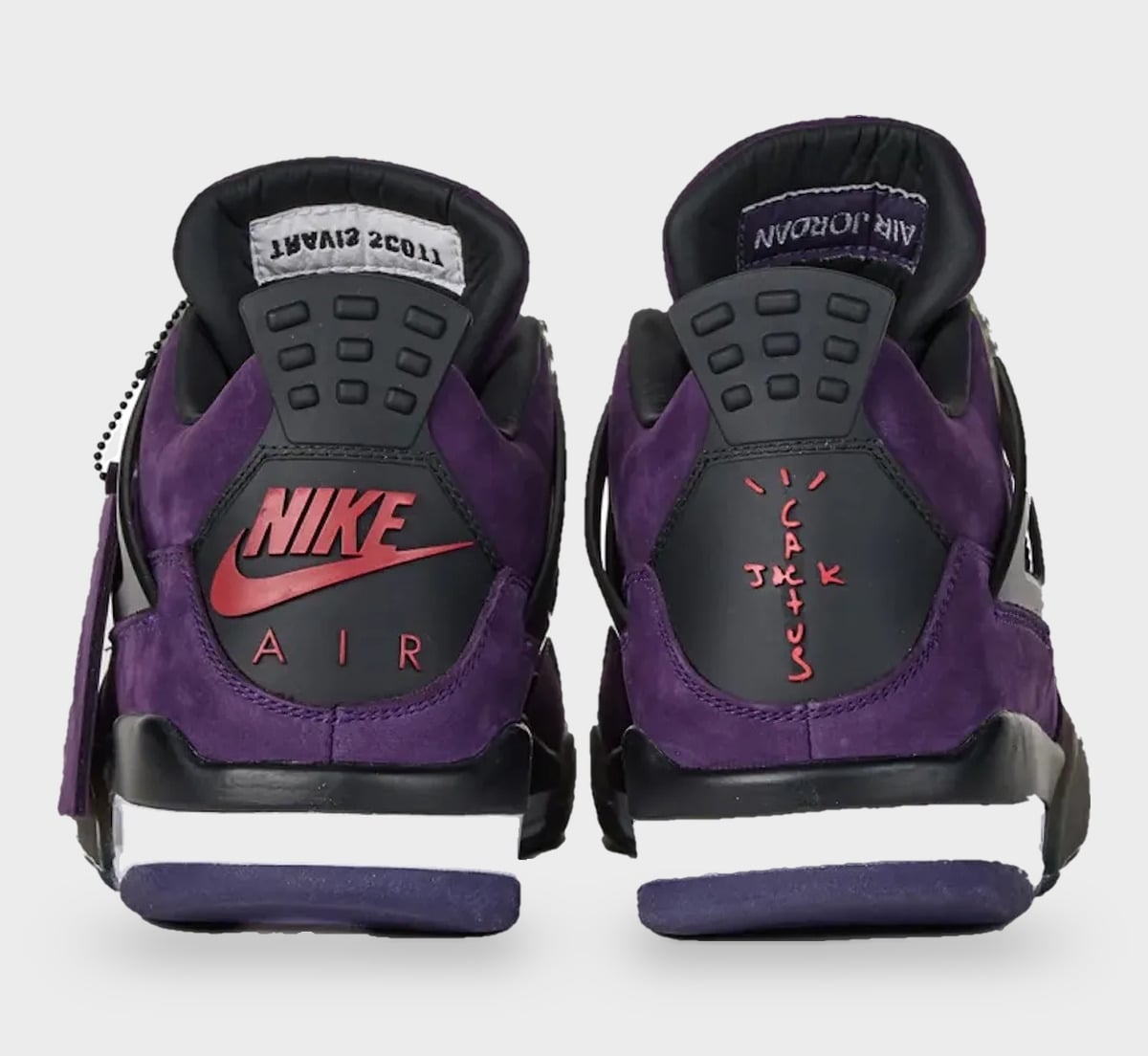 Heel view of pair; purple suede, red Nike Air and cactus logo on grey heel tabs, StockX LISTED Collection