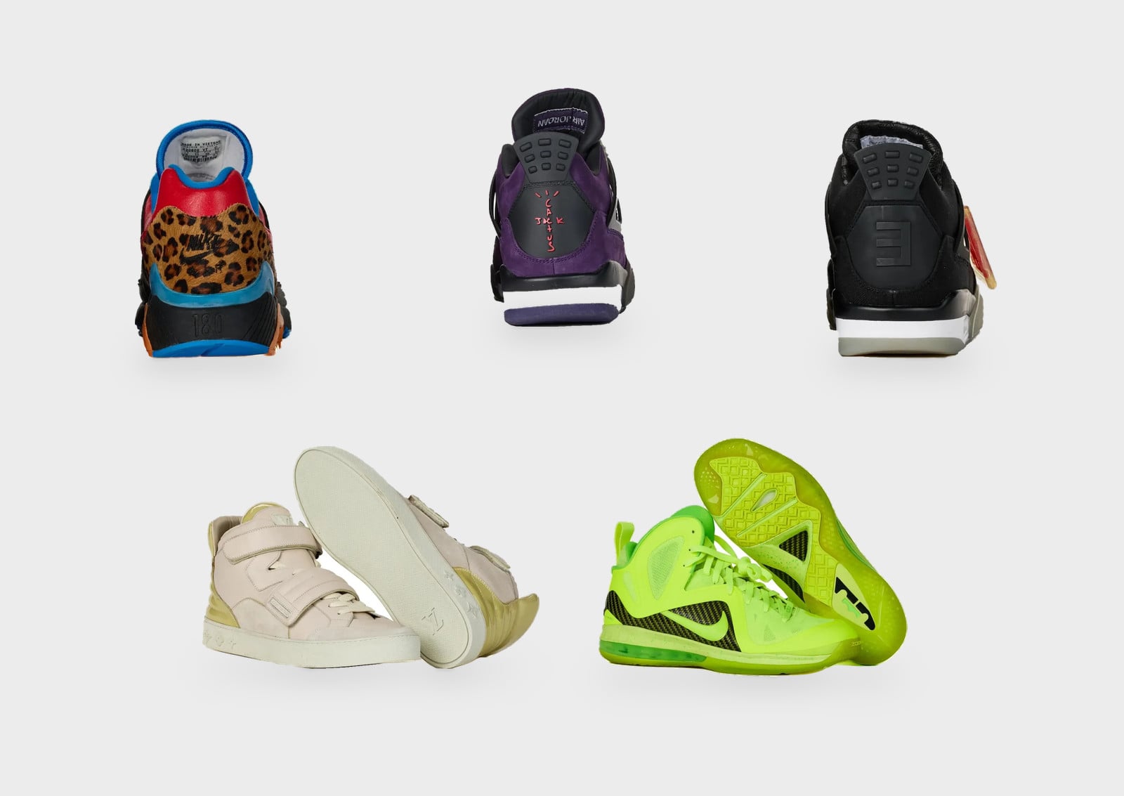 Collage of five heel views and pairs: leopard print, purple suede, black, cream and neon, Don C StockX LISTED Collection
