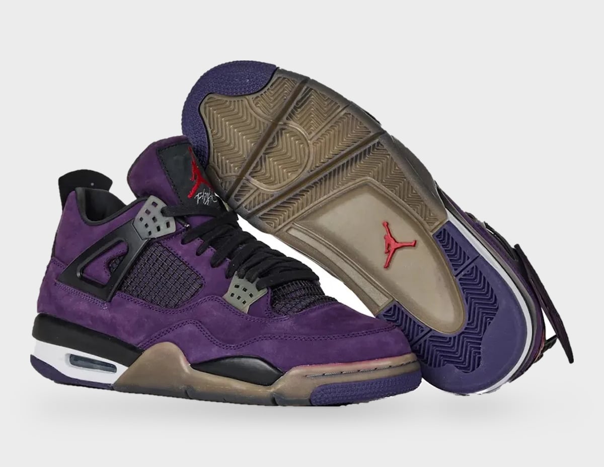 Pair, one lateral and one outsole; purple suede, black laces, red Jumpman on tan sole, StockX LISTED Collection