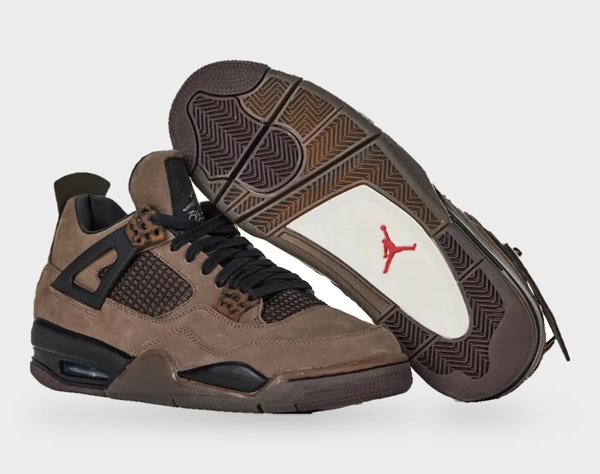 Pair, lateral and outsole; brown suede, black laces and trim, red Jumpman on cream sole, StockX LISTED Collection