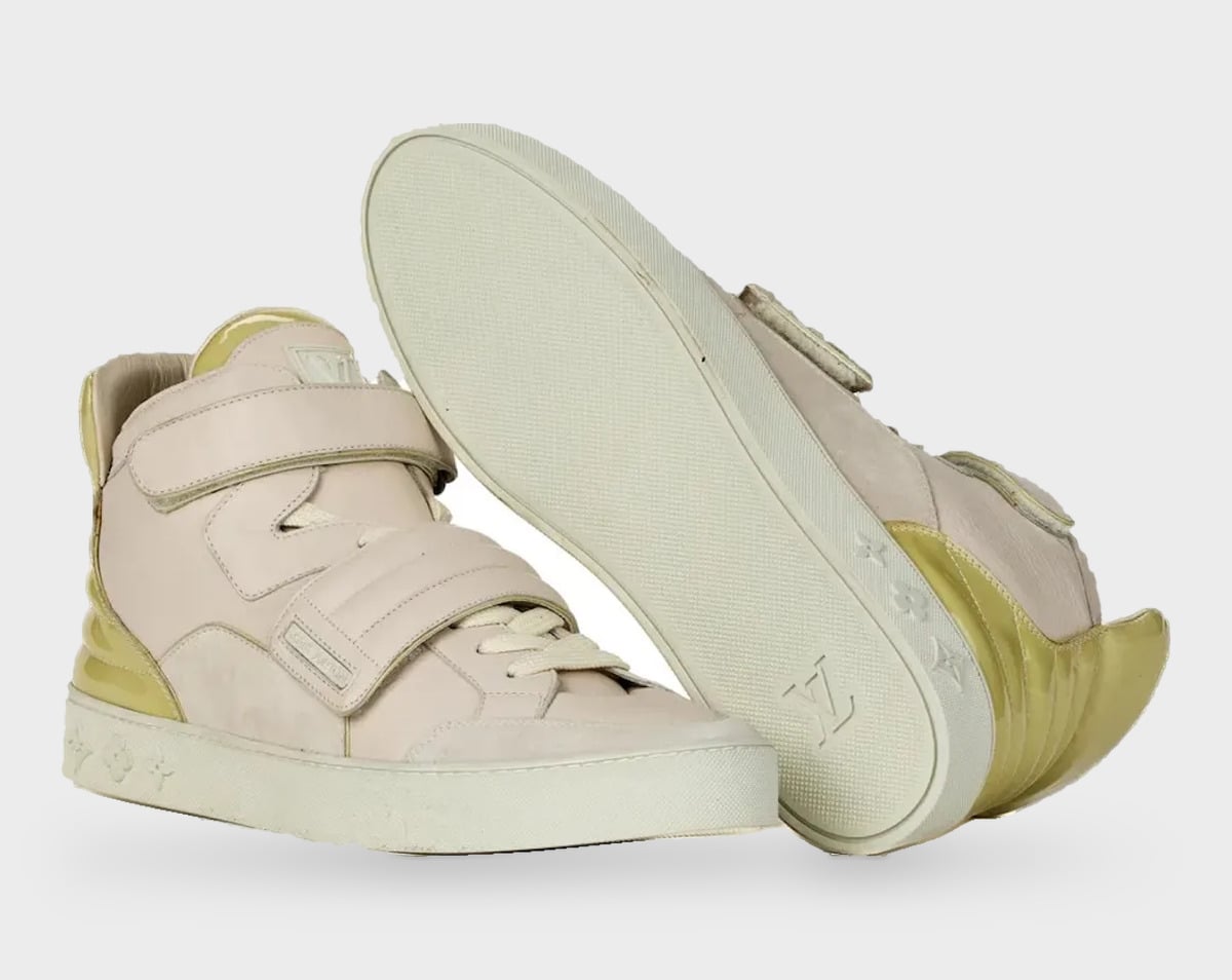 Pair with outsole up; cream leather, double straps, yellow patent heel, monogram sole, StockX LISTED Collection