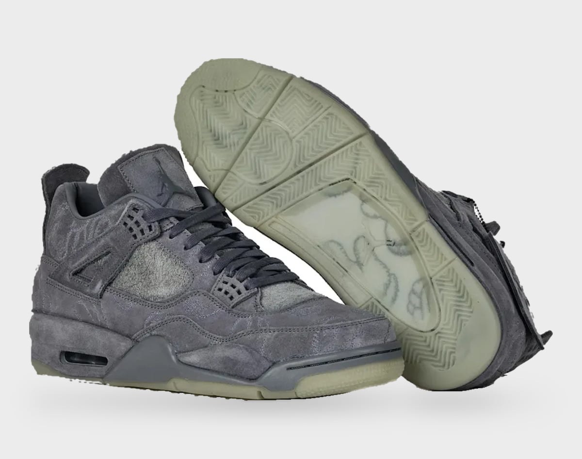 Pair, lateral and outsole; grey suede with tonal laces and translucent sole with sketch print, StockX LISTED Collection