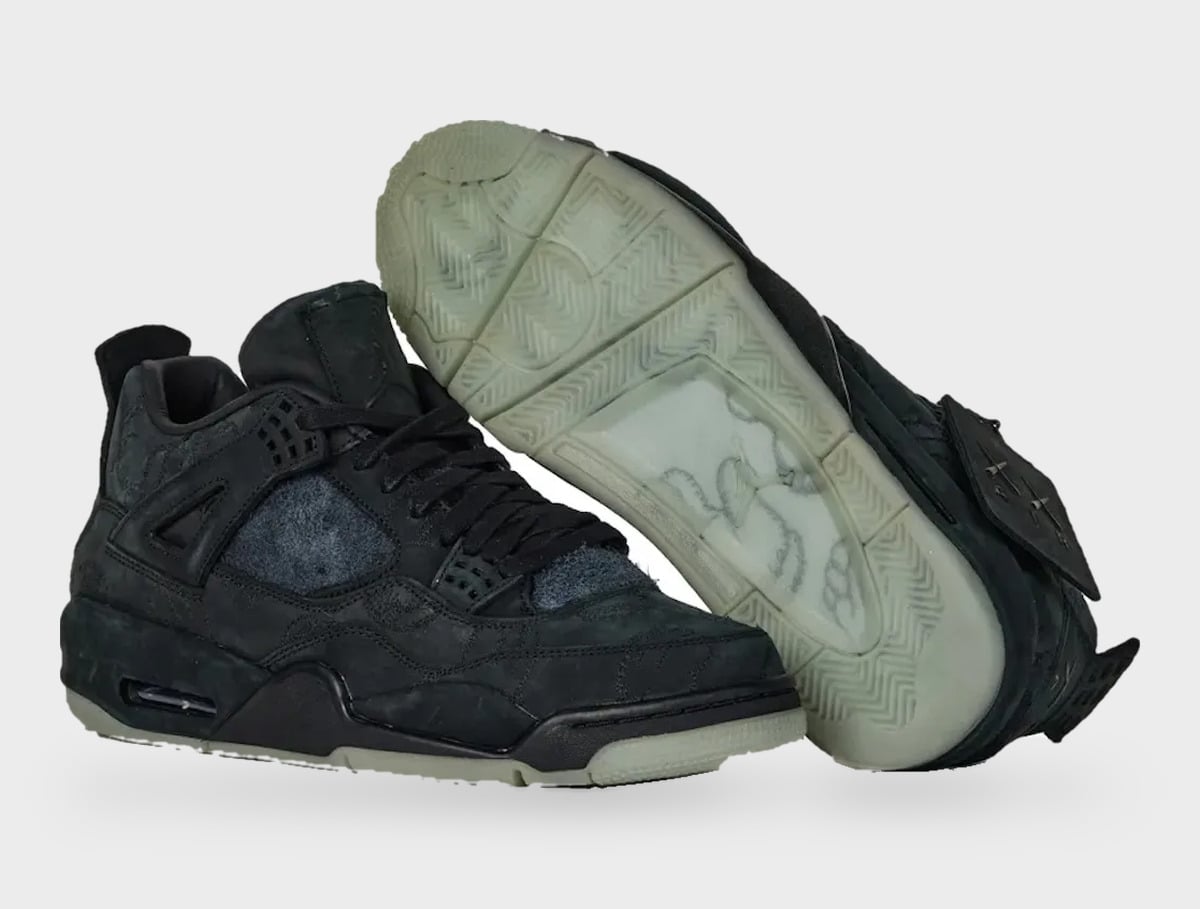Pair, lateral and outsole; black suede with translucent sole showing sketched graphics, StockX LISTED Collection