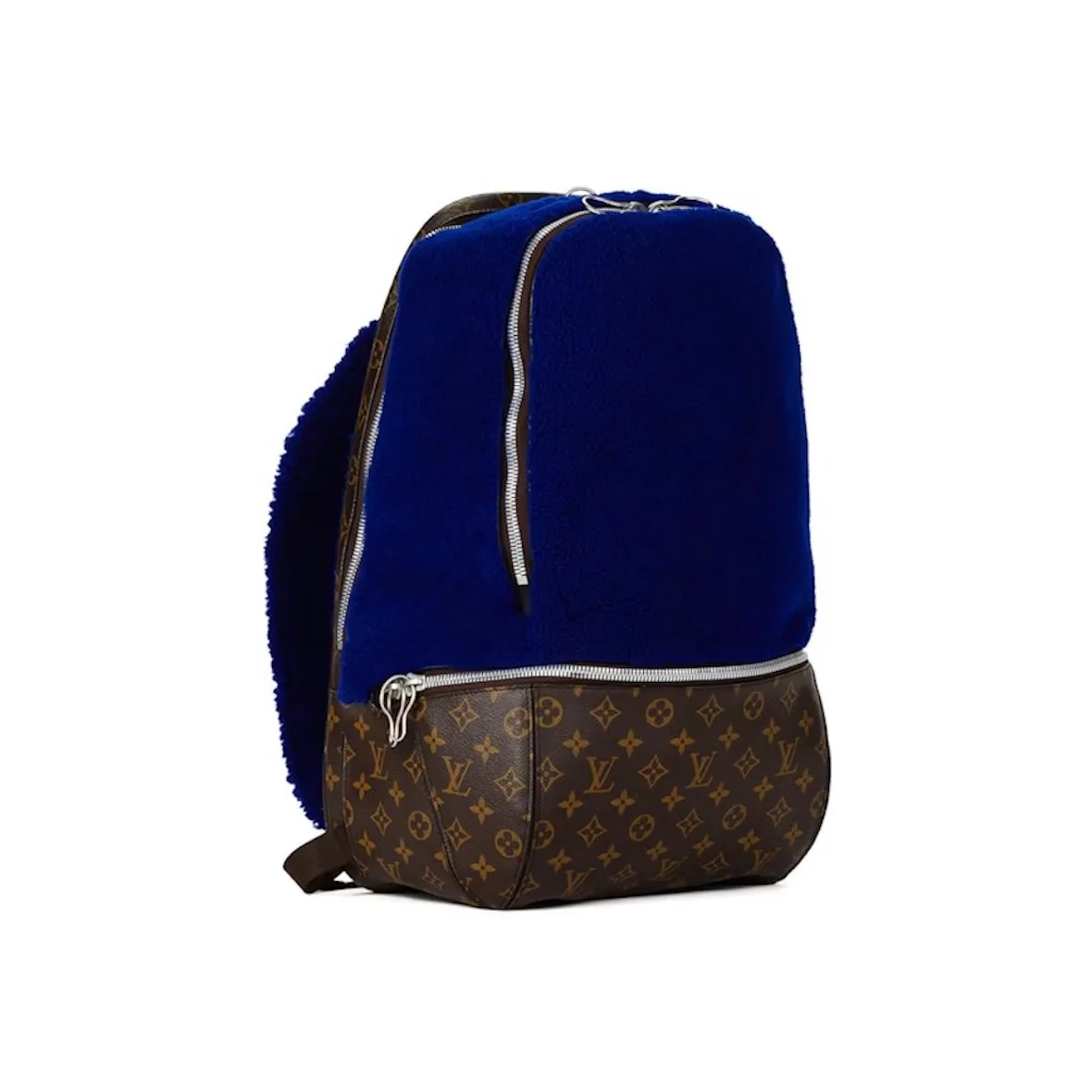 Three-quarter view of backpack with royal blue fleece top and brown monogram canvas base, StockX LISTED Collection