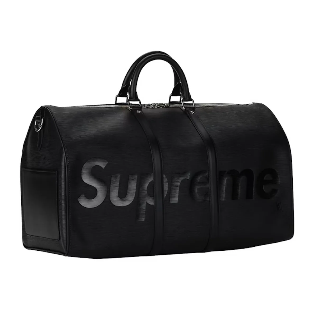 Three-quarter view of black leather duffle with large tonal Supreme logo and two top handles, StockX LISTED Collection