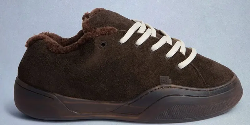 Lateral side profile, brown suede upper, plush lining, cream laces, chunky sole, Chocolate Brown