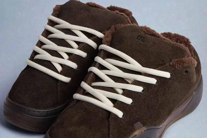 Detail of two brown suede sneakers with cream laces and fleece lining, Chocolate Brown