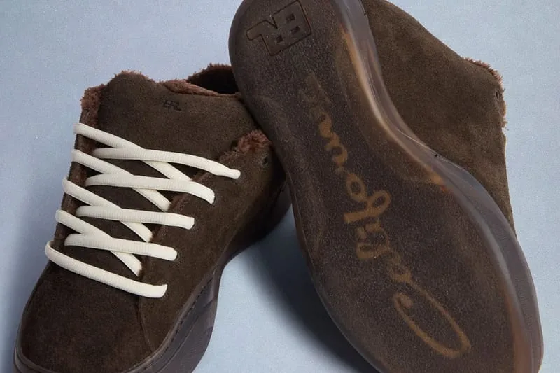 Pair with one outsole up, cursive script and ER logo on the brown sole, Chocolate Brown