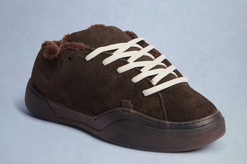 Three-quarter toe view of brown suede sneaker with flat cream laces and thick sole, Chocolate Brown