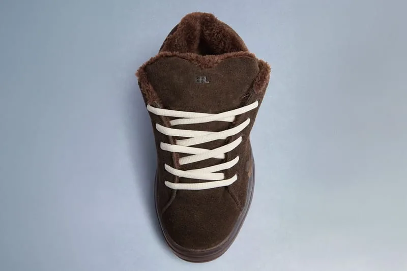 Top-down view of brown suede sneaker with cream laces and fleece collar, Chocolate Brown