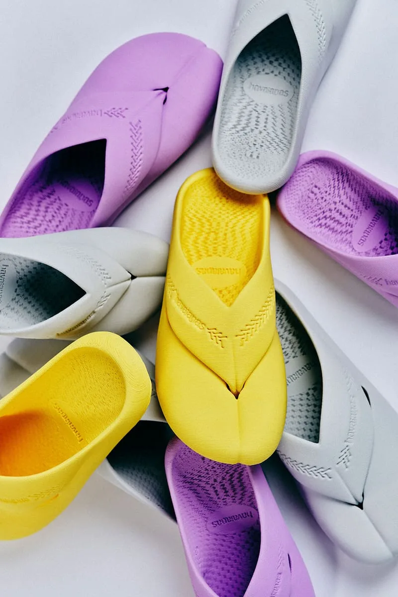 Top-down ring of lilac, grey and yellow textured mules around a central yellow pair, Top Toe Mule