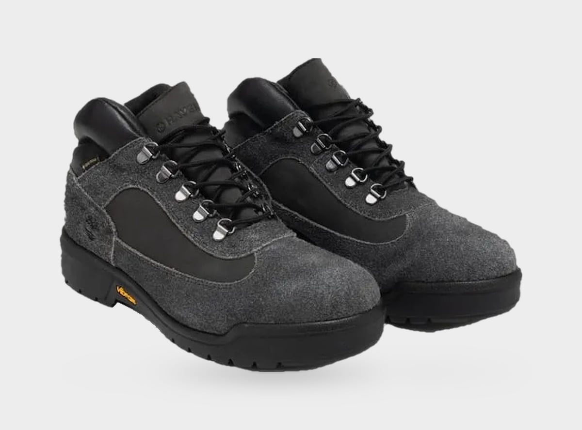 Pair, three-quarter view, grey suede with black panels, black laces, Vibram soles, Black