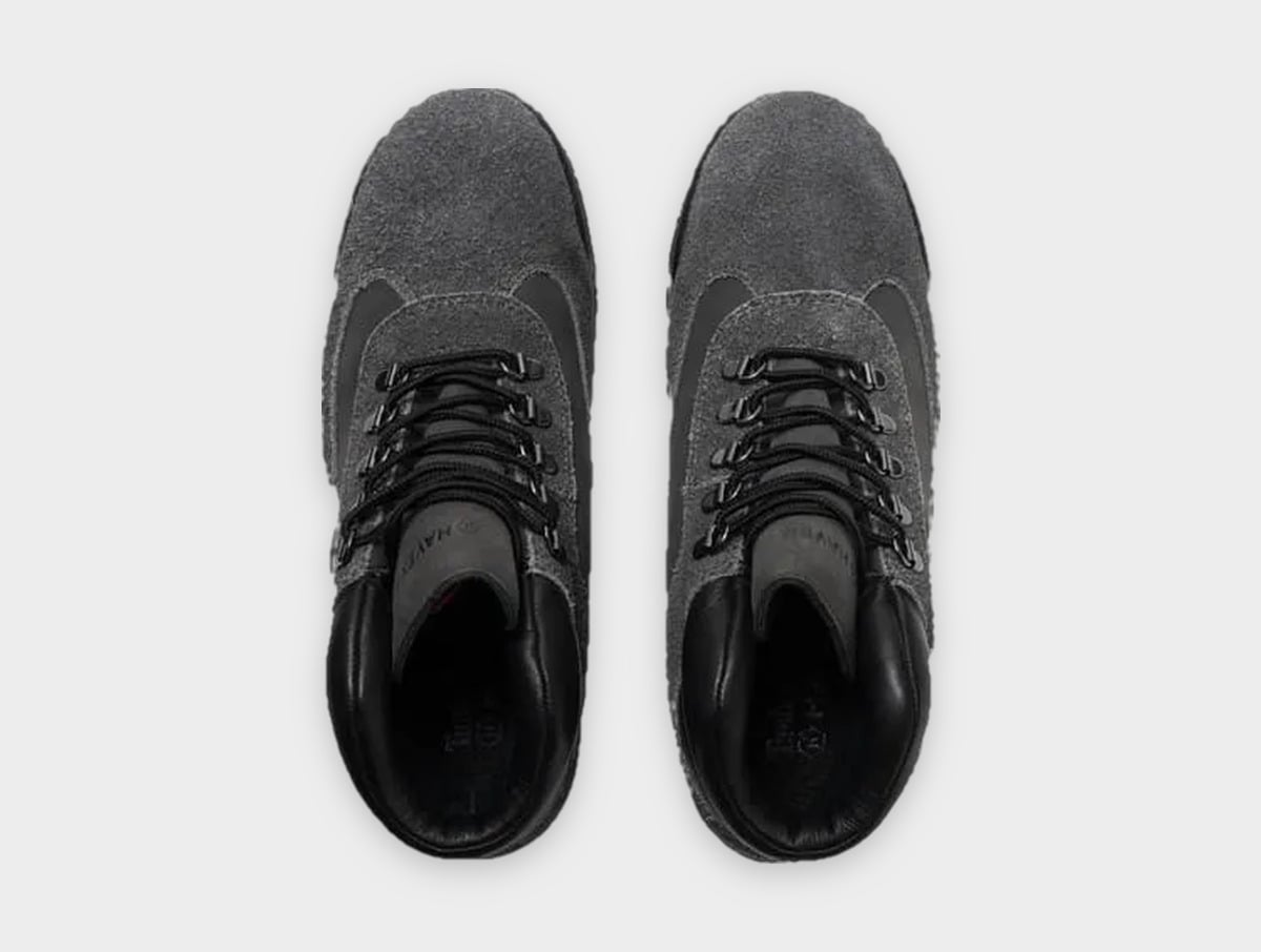 Top-down view of pair, grey suede toes, black laces, black padded collars, Black