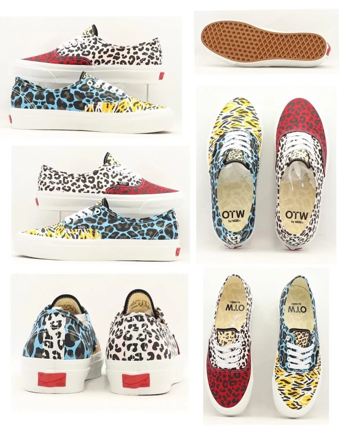 Detail collage of leopard sneakers in red, cream, teal and yellow: lateral, outsole, heel, top-down, with OTW insoles