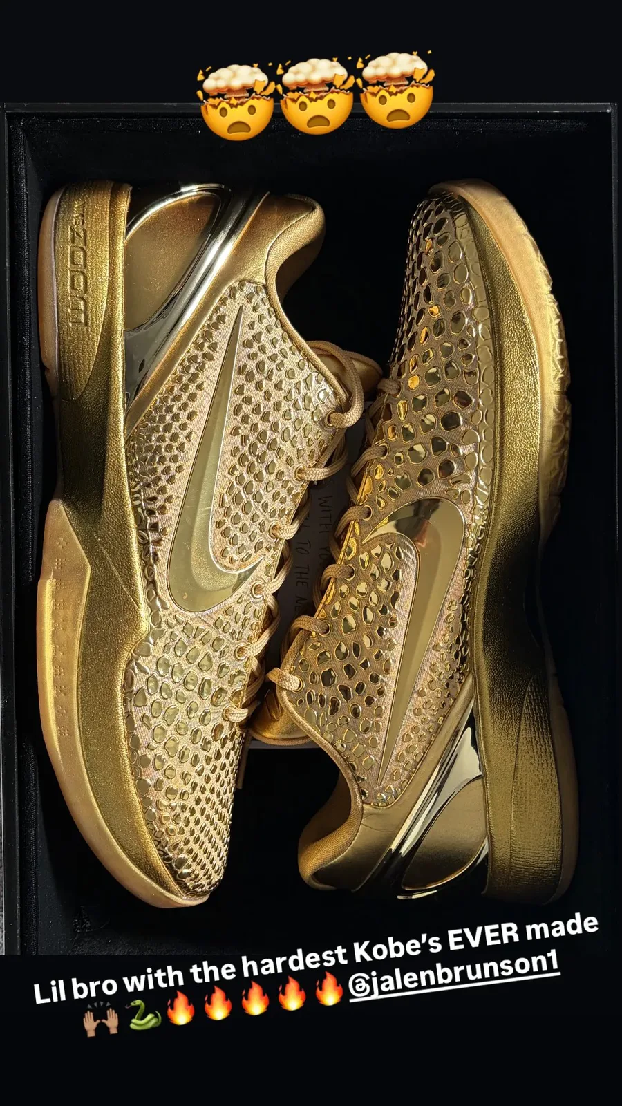 Pair in a black box, lateral and medial views, gold textured upper with metallic swoosh, Instagram caption text, Ring Night