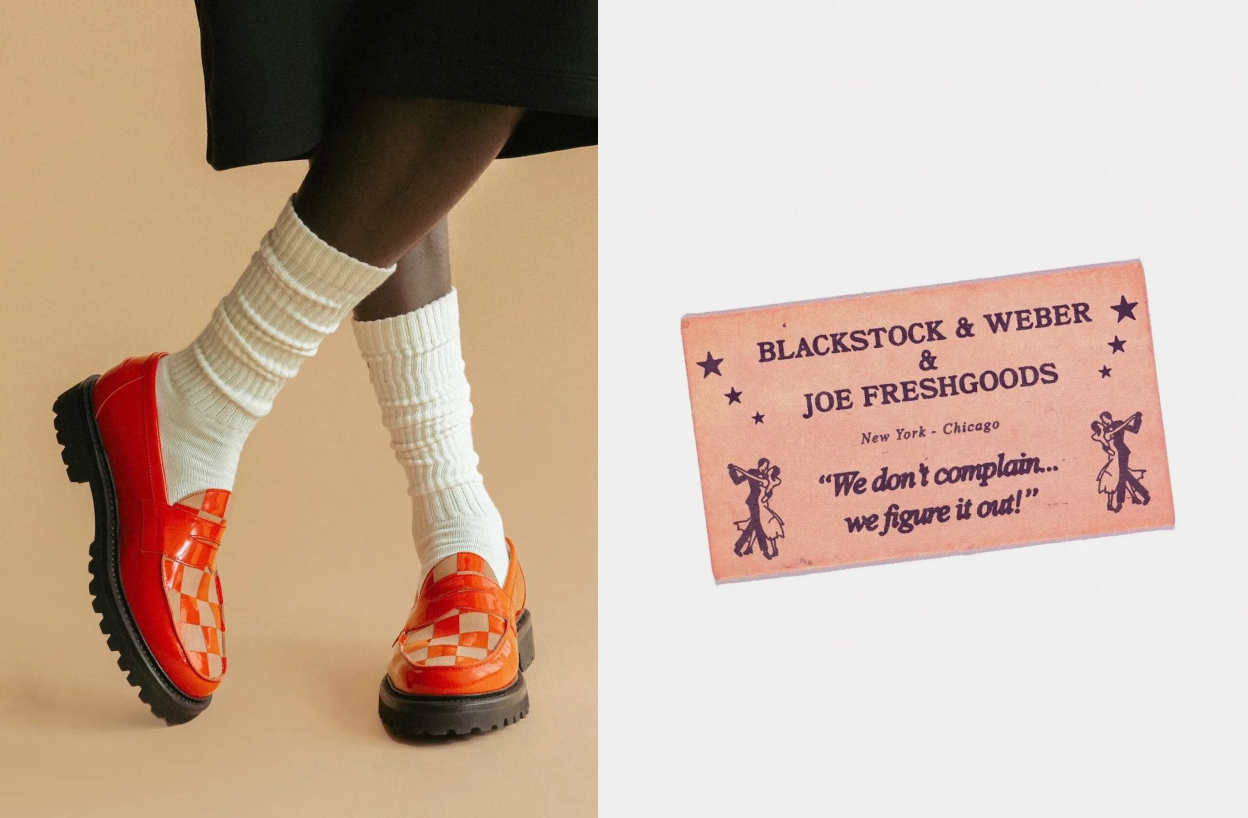 On-foot pair in red-orange checkered patent loafers, white socks, Joe Freshgoods x Blackstock & Weber Loafer “Candy Apple”