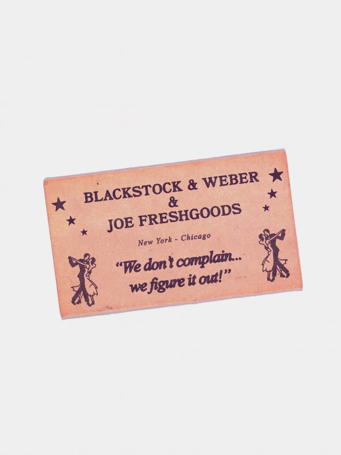 Pink card with purple text "Blackstock & Weber & Joe Freshgoods", stars and ballroom dancers, Candy Apple