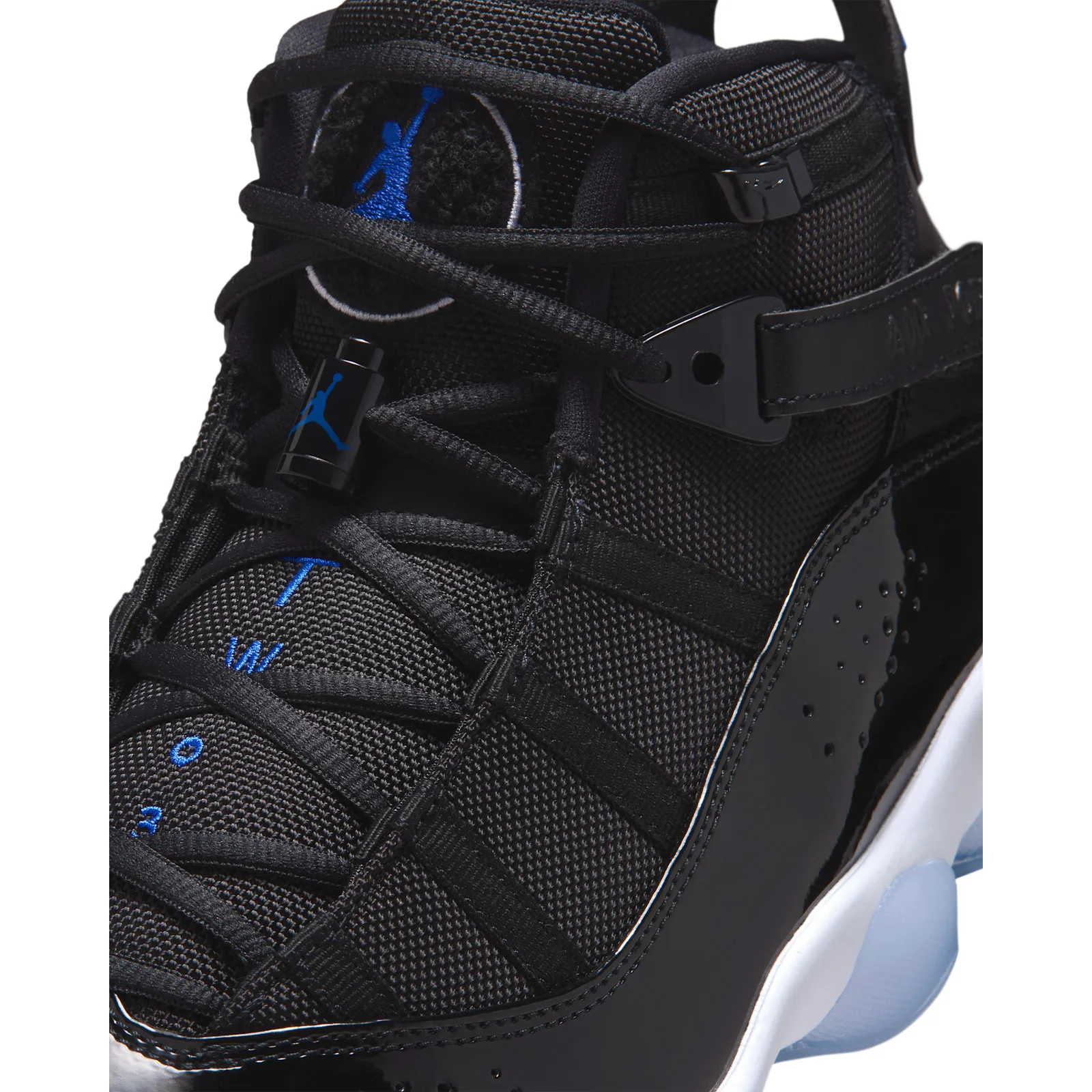 Lacing detail with black mesh, blue Jumpman logos and blue tongue lettering, Space Jam