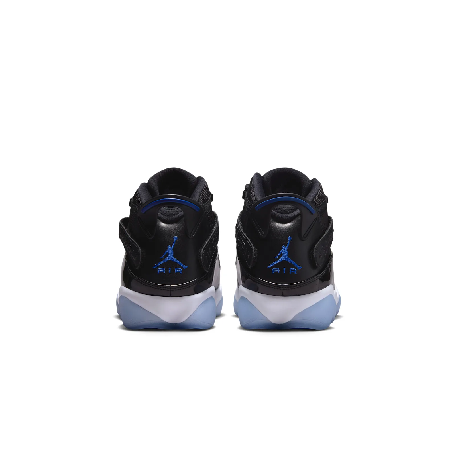 Heel view of pair with blue Jumpman Air embroidery and icy blue soles, Space Jam