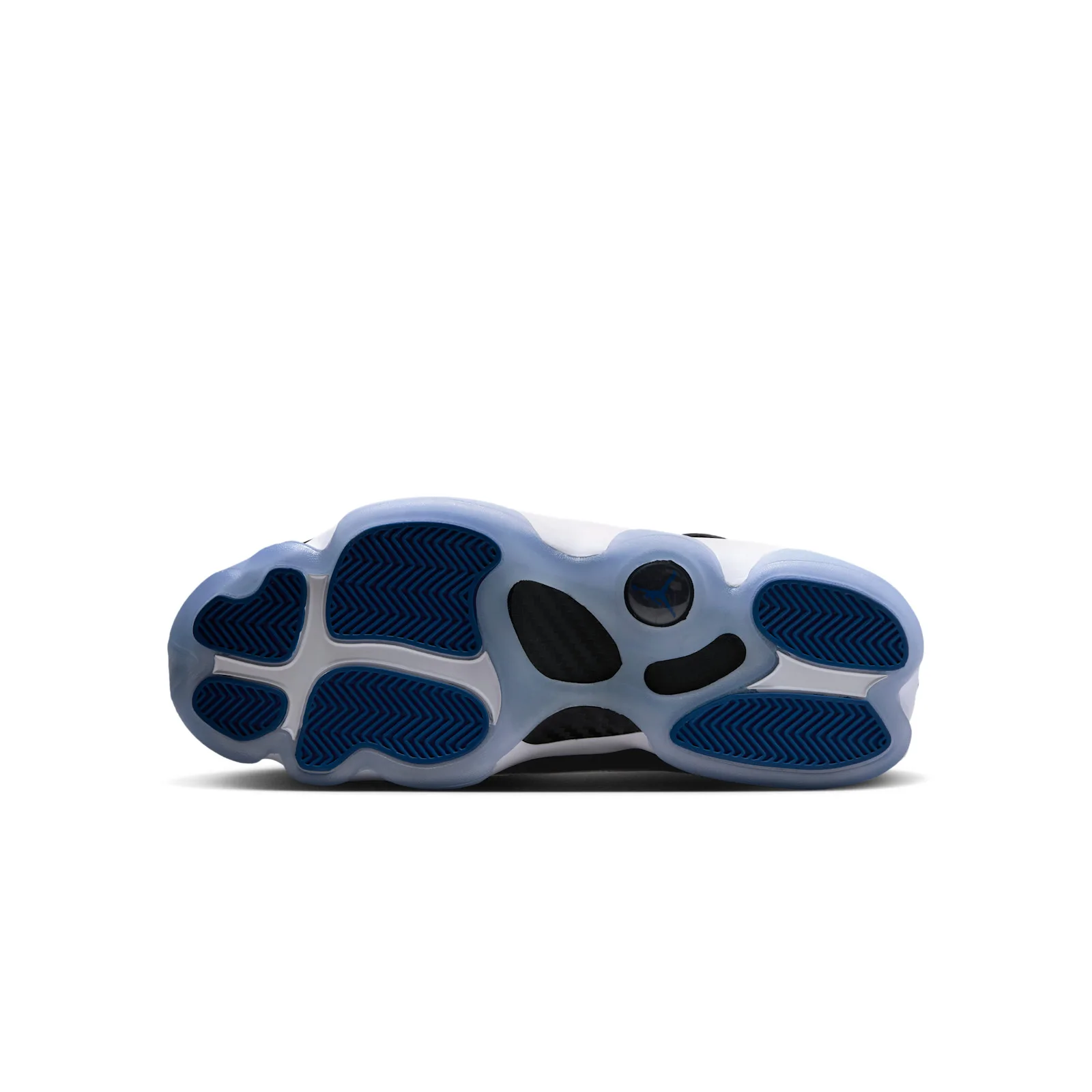 Outsole view with blue herringbone tread and translucent pale blue rubber, Space Jam