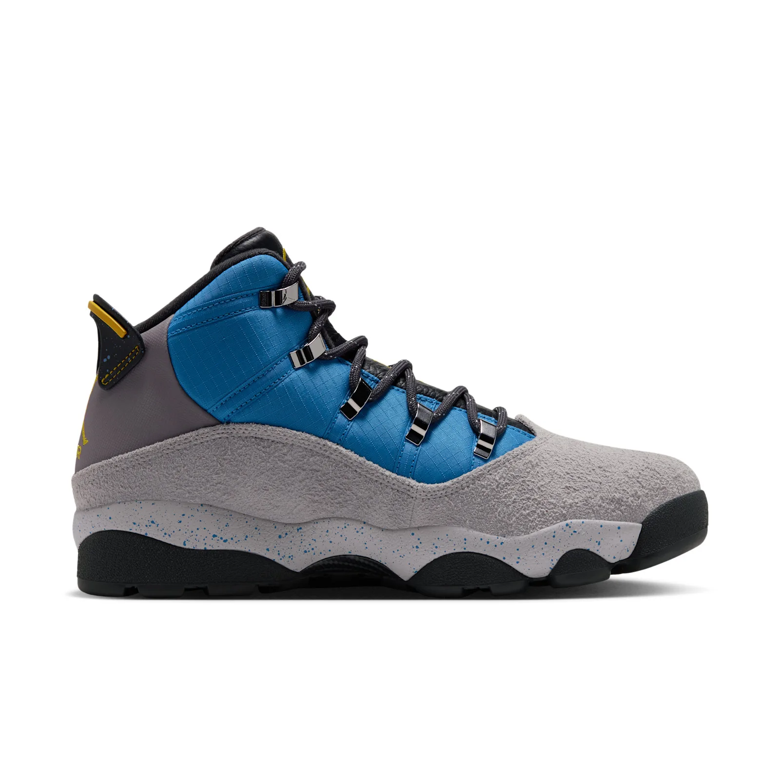 Lateral view of a blue ripstop and grey suede boot with yellow heel tab and black speckled-sole lugs, Cobalt Blue
