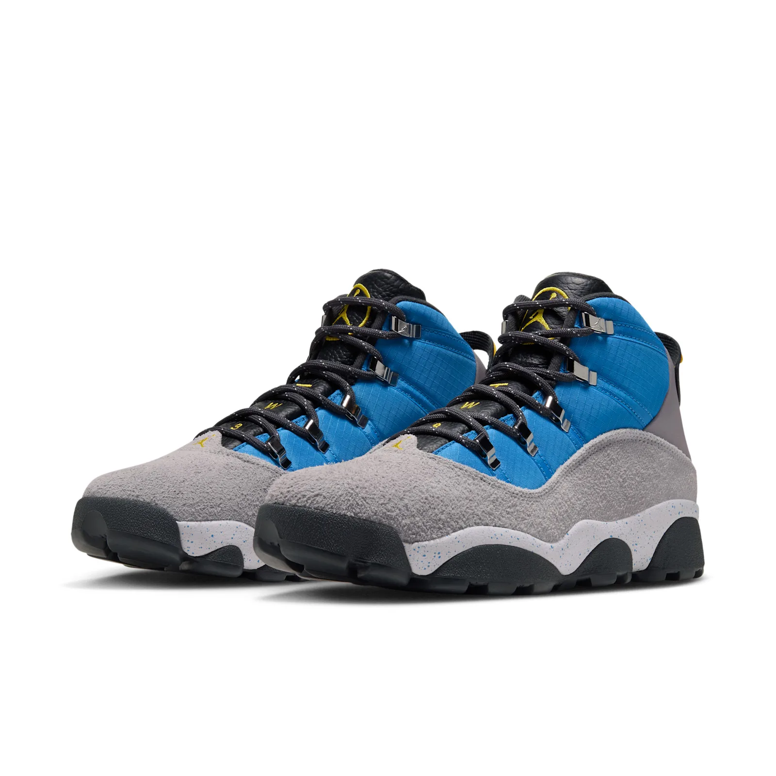 Pair at a three-quarter angle, grey suede toes, blue ripstop panels and black laces with silver hooks, Cobalt Blue