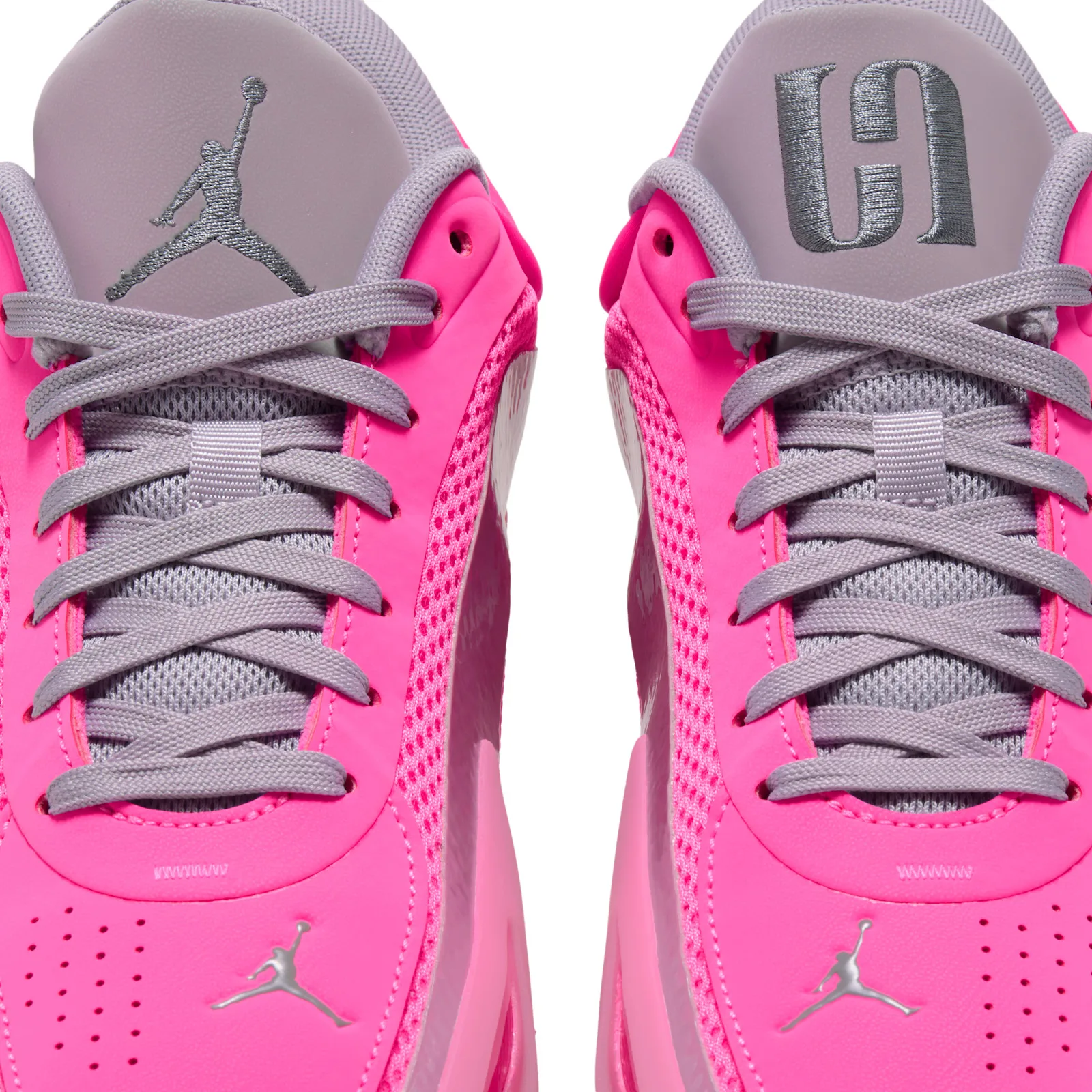 Detail of grey laces and tongues, embroidered Jumpman logo on left, logo on right, Pow Pink
