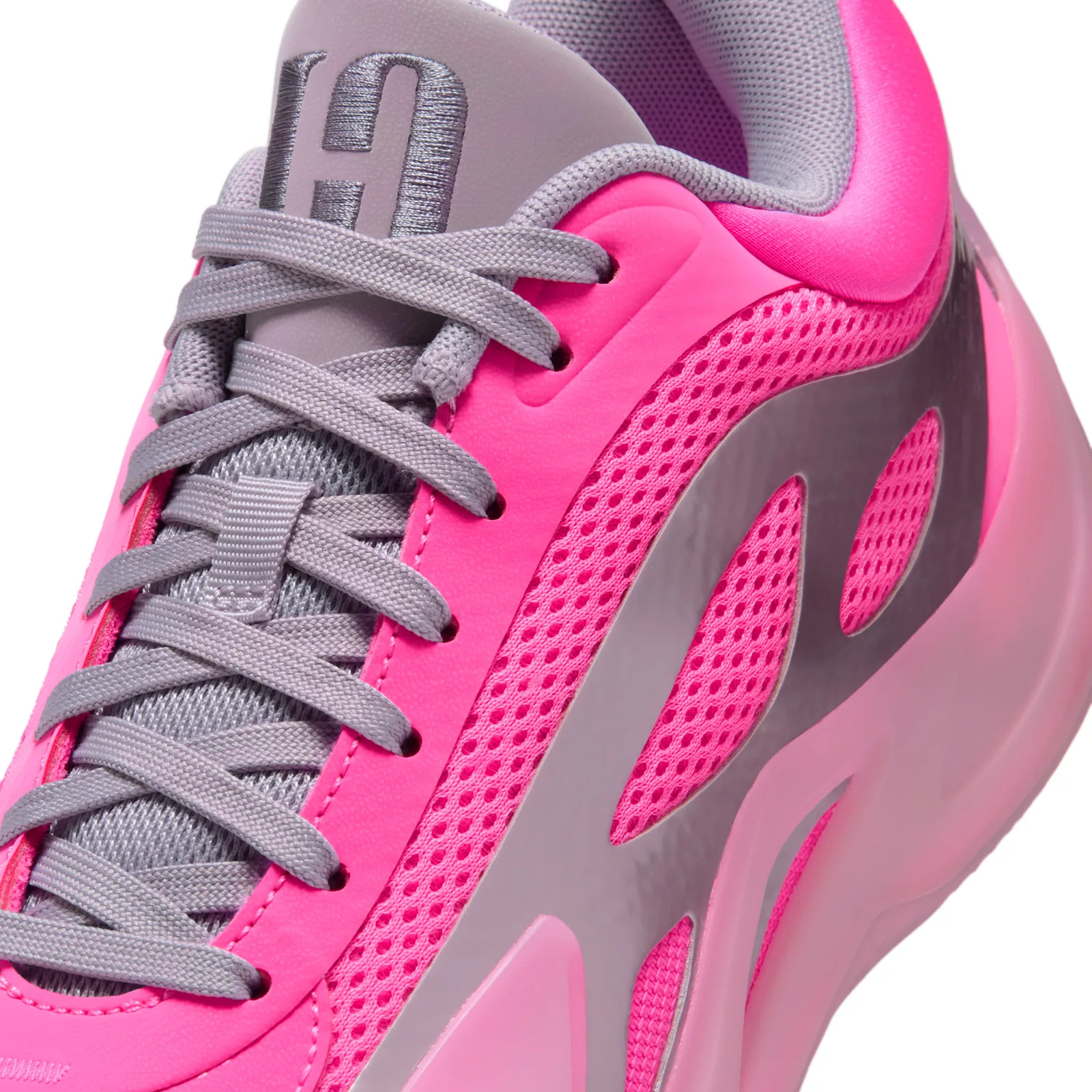 Detail of tongue and lacing, pink mesh, silver-grey overlay and translucent pink midsole, Pow Pink