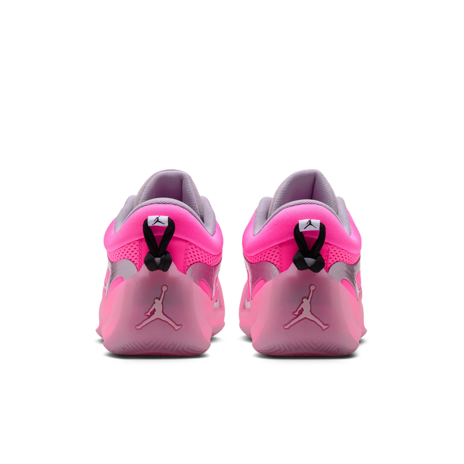 Heel view of pair, Jumpman logos on translucent pink heels, black pull loops, Pow Pink