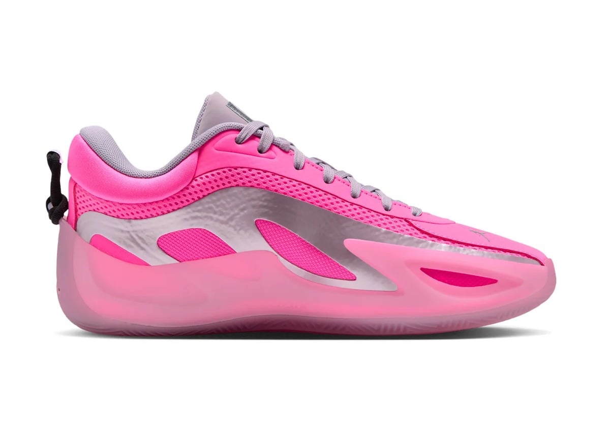 Lateral view, hot pink mesh upper, metallic silver-grey panels, translucent pink midsole, Jordan Heir Series 2 “Pow Pink”