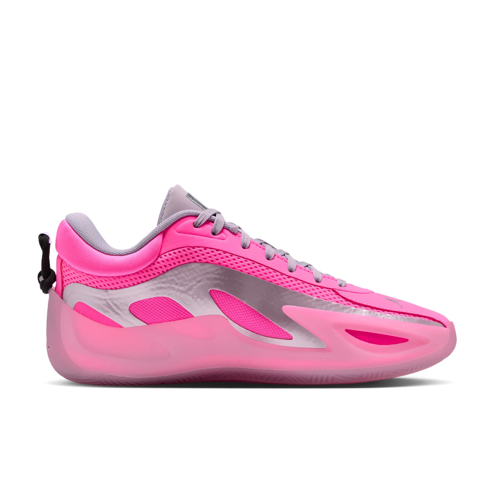 Lateral view on white, pink mesh, silver-grey overlays and black heel pull loop, Pow Pink